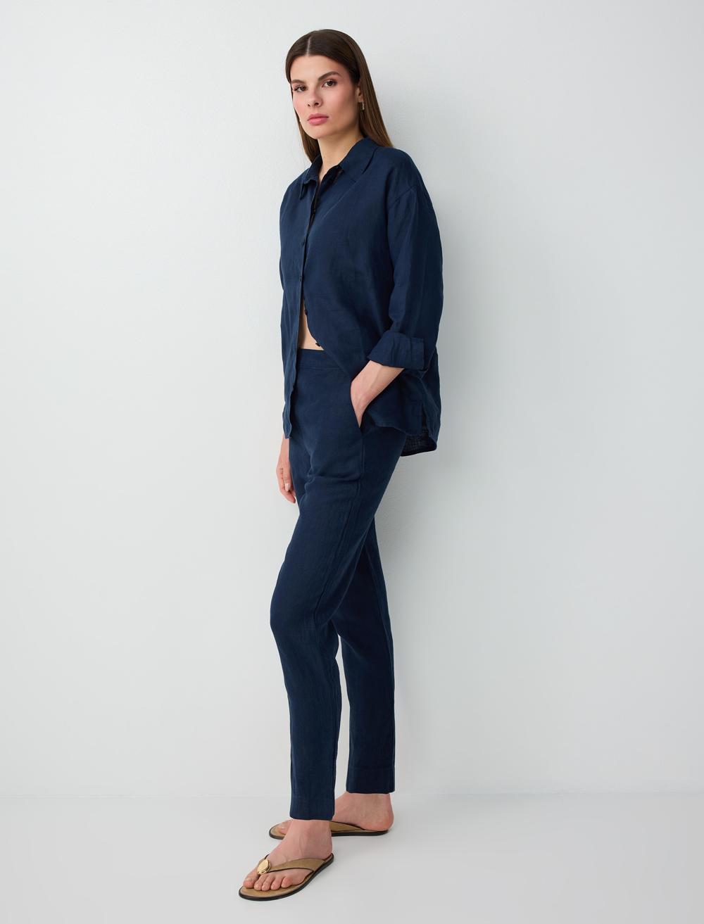 Normal Fit Shirt Collar Long Sleeve Shirt - Dark Blue - 6SW087019494