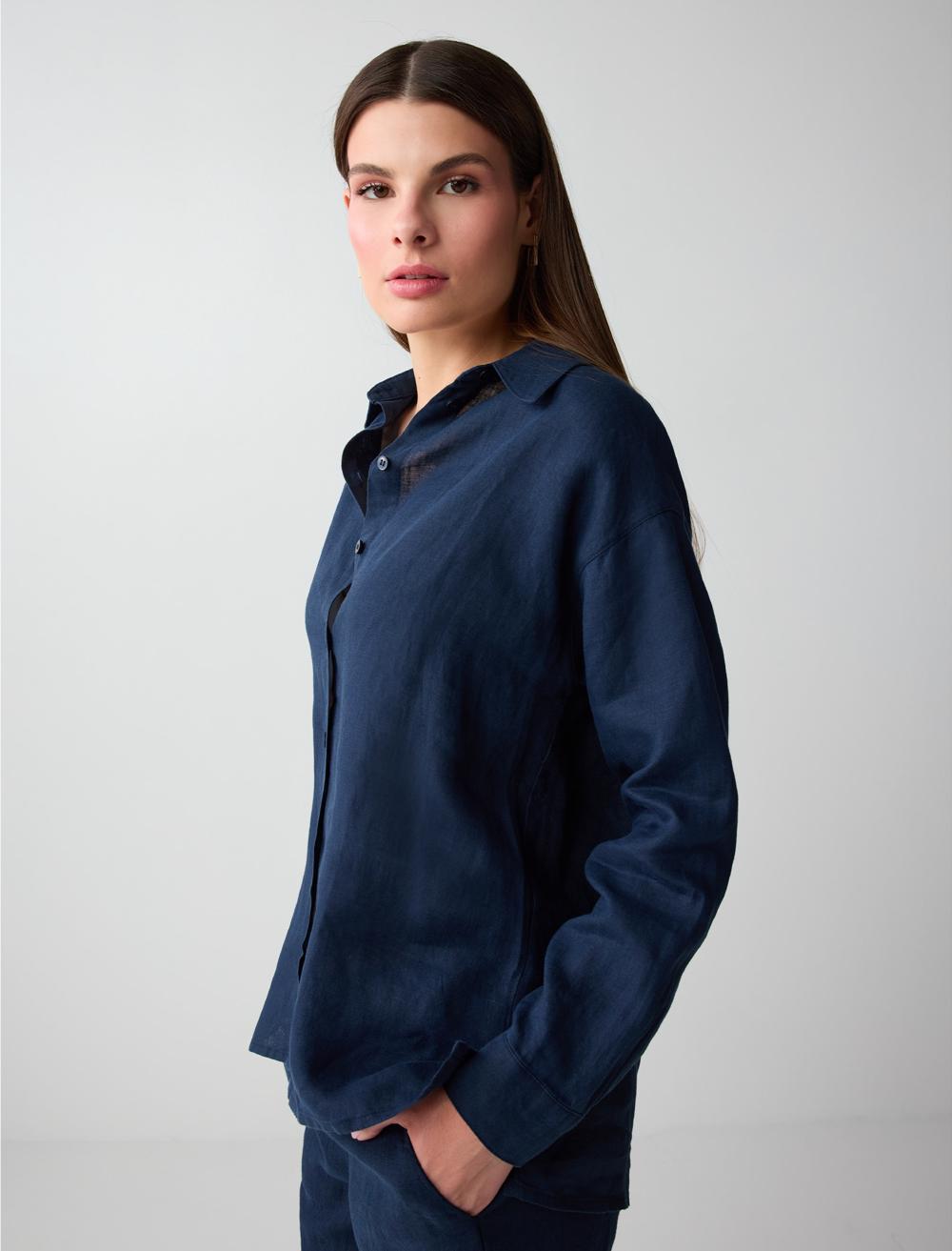 Normal Fit Shirt Collar Long Sleeve Shirt - Dark Blue - 6SW087019494