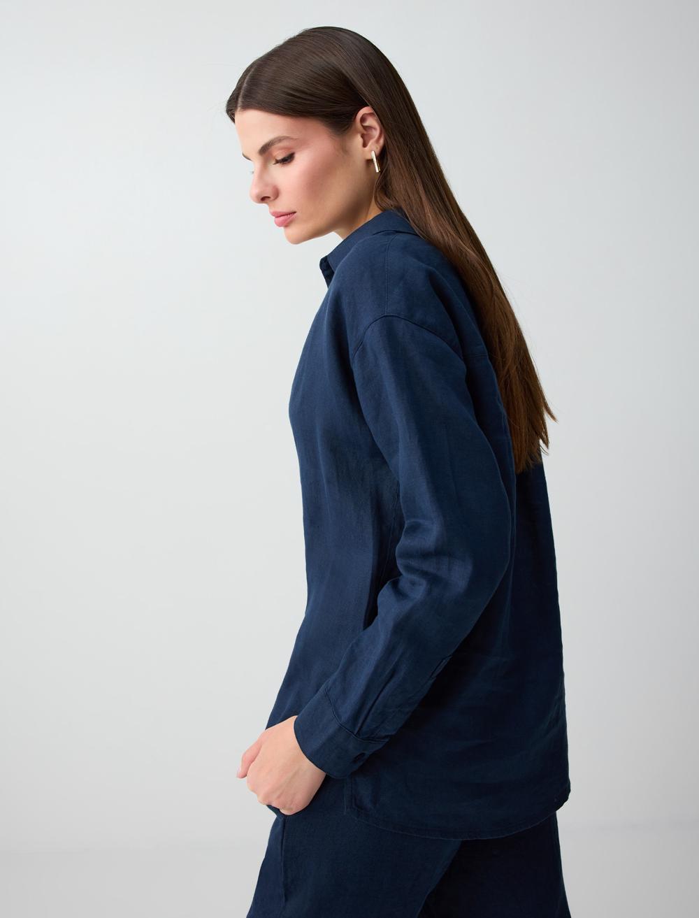 Normal Fit Shirt Collar Long Sleeve Shirt - Dark Blue - 6SW087019494