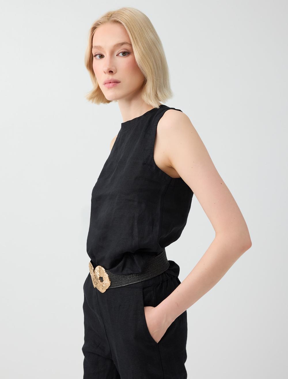 Normal Fit Crew Neck Sleeveless Blouse - Black - 6SW035539900