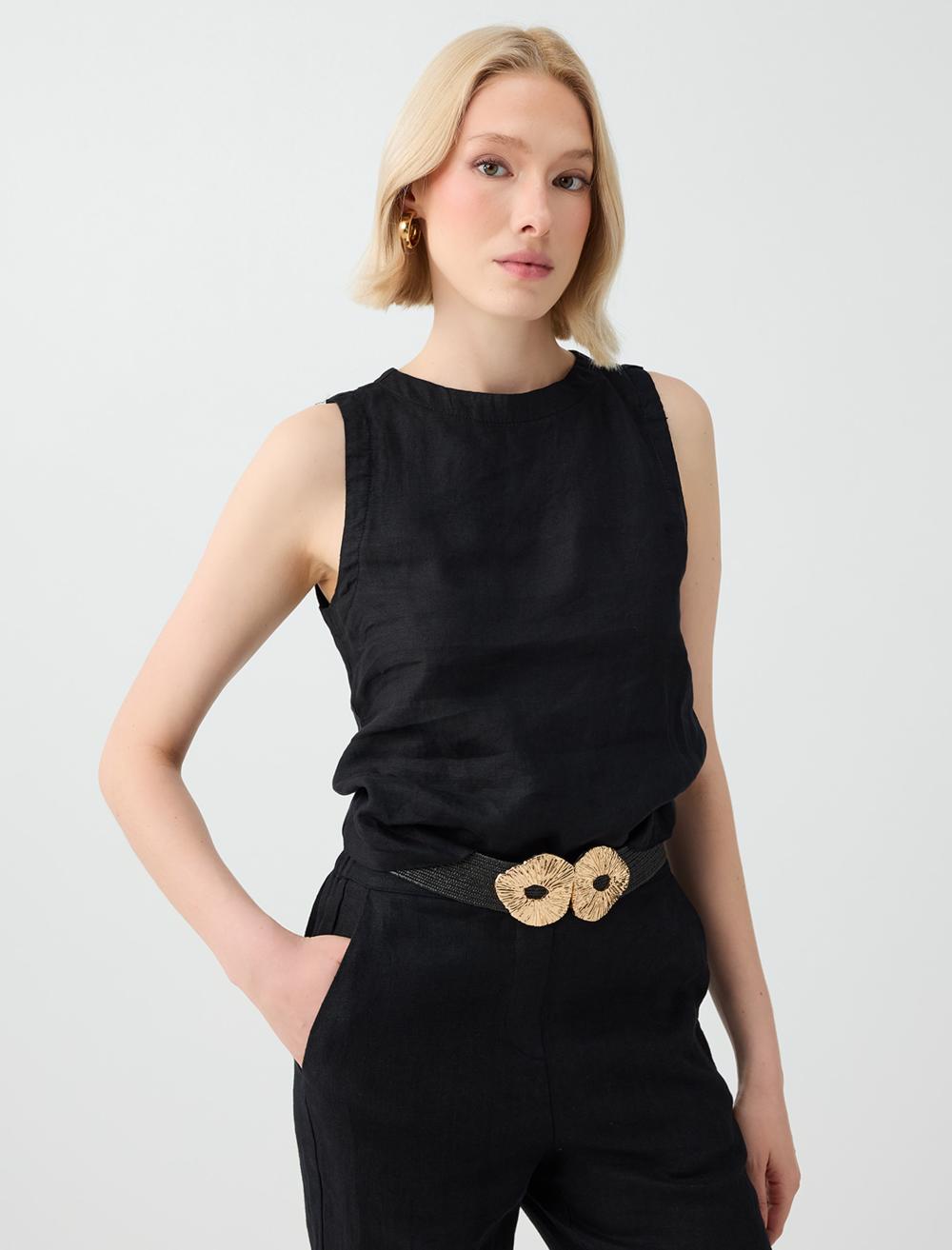 Normal Fit Crew Neck Sleeveless Blouse - Black - 6SW035539900