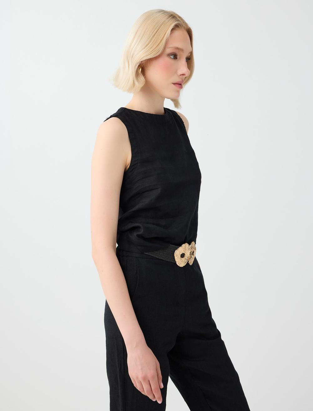 Normal Fit Crew Neck Sleeveless Blouse - Black - 6SW035539900