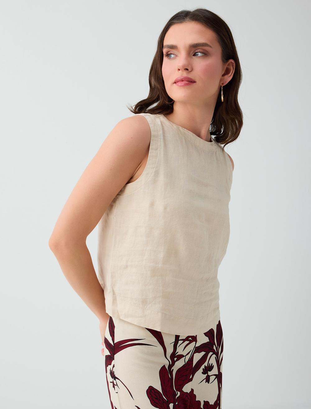 Normal Fit Crew Neck Sleeveless Blouse - Stone - 6SW035539928
