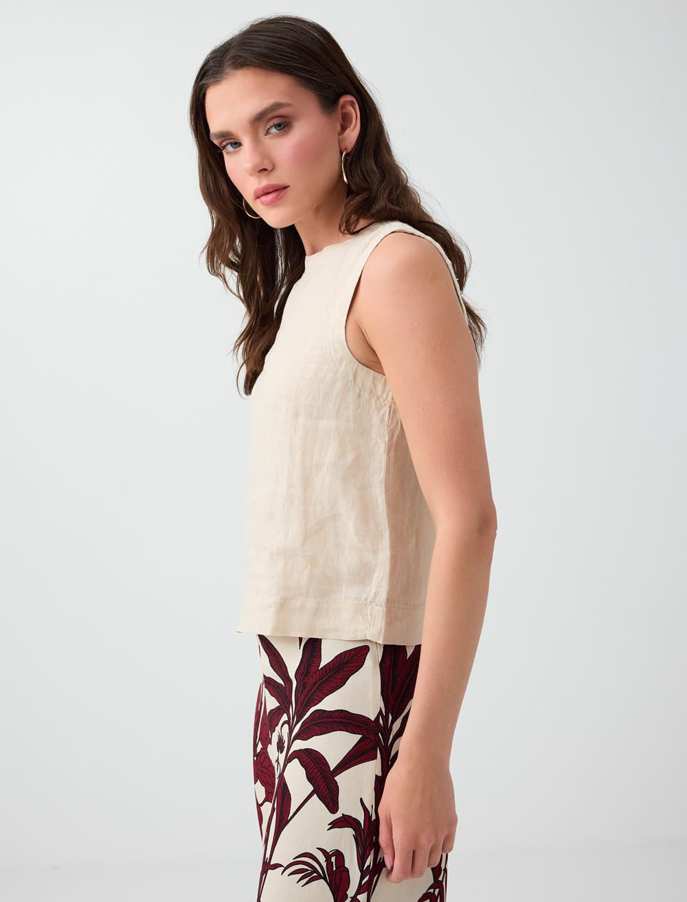 Normal Fit Crew Neck Sleeveless Blouse - Stone - 6SW035539928