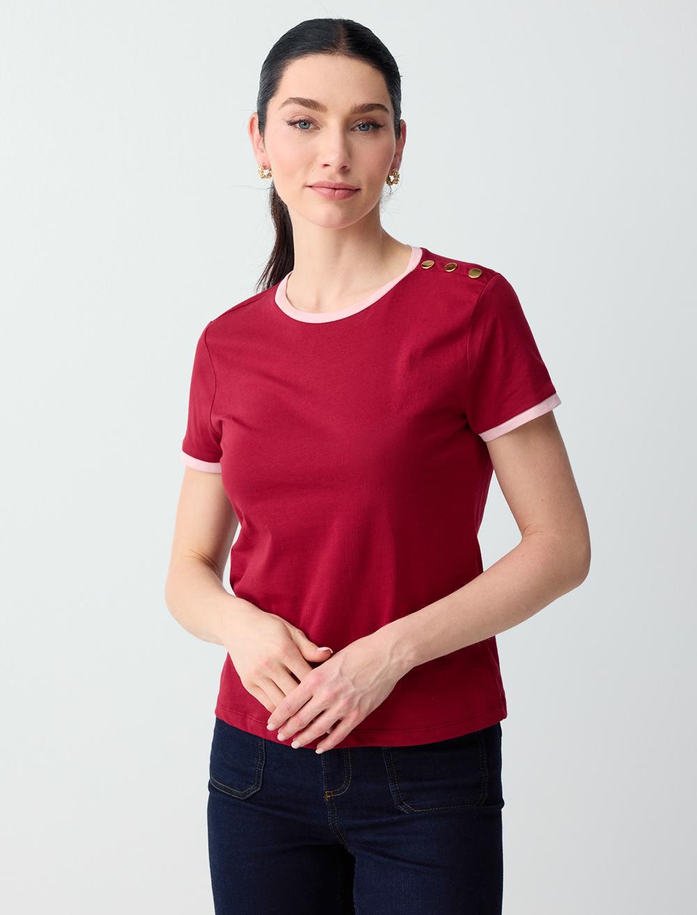 Normal Fit Crew Neck Short Sleeve Blouse - Burgundy - 6SW035556562