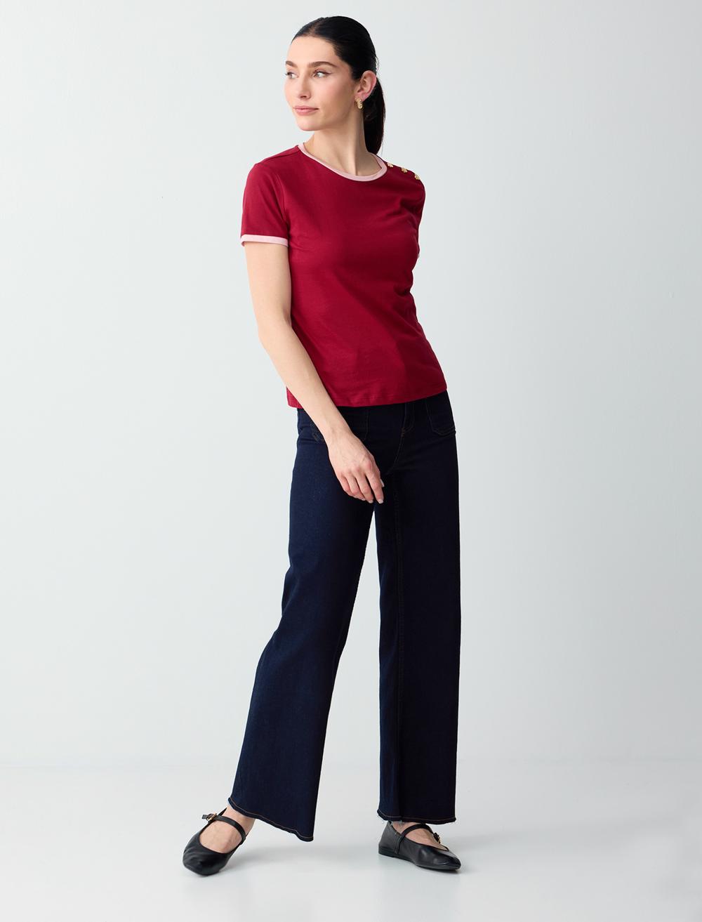 Normal Fit Crew Neck Short Sleeve Blouse - Burgundy - 6SW035556562
