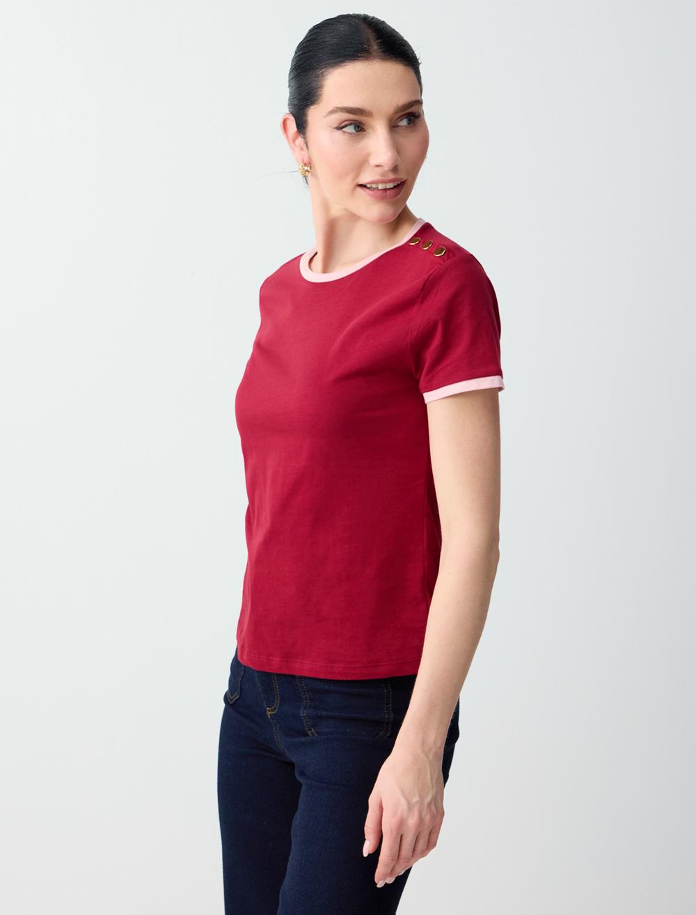 Normal Fit Crew Neck Short Sleeve Blouse - Burgundy - 6SW035556562