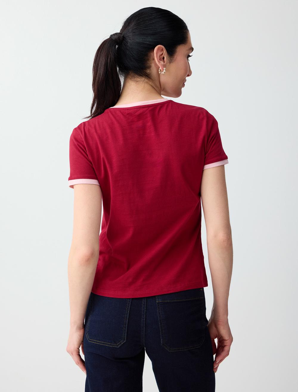 Normal Fit Crew Neck Short Sleeve Blouse - Burgundy - 6SW035556562