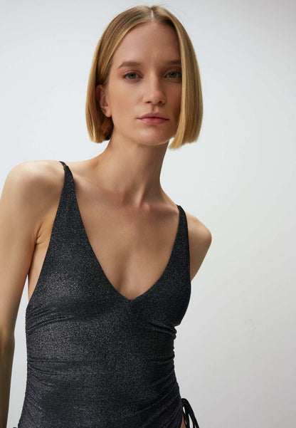 Metallic Swimsuit with Drawstring Detail
