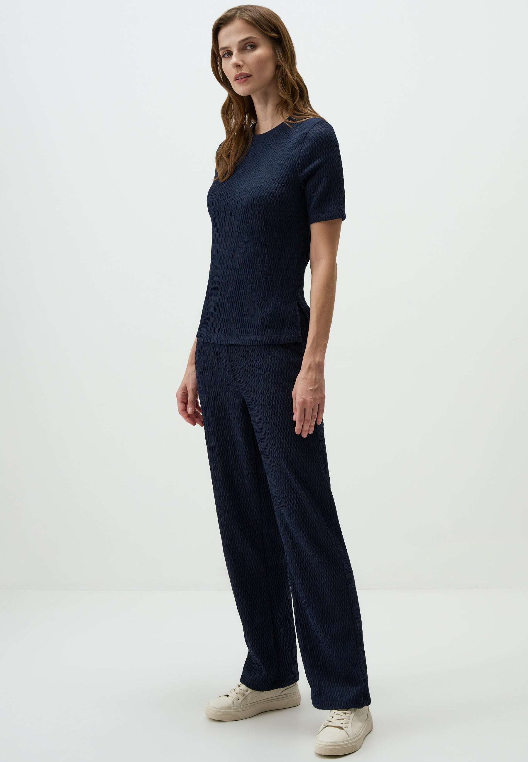 Navy Textured Wide-Leg Pants