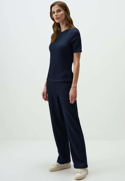 Navy Textured Wide-Leg Pants