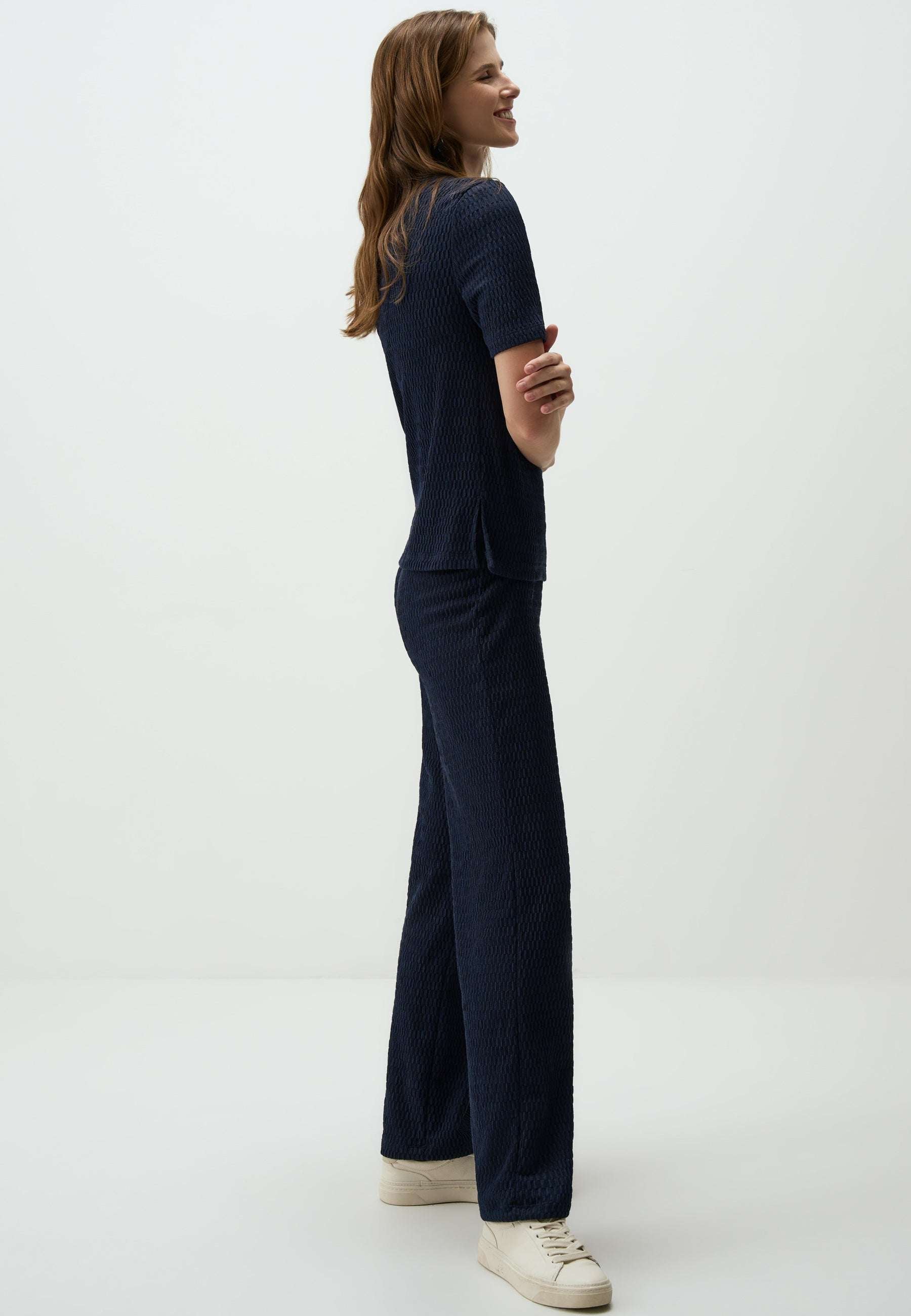 Navy Textured Wide-Leg Pants