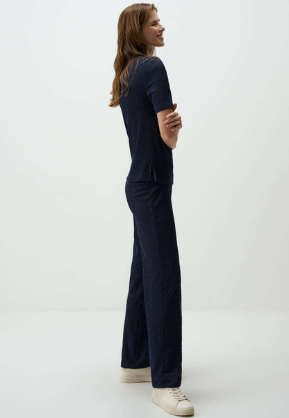 Navy Textured Wide-Leg Pants