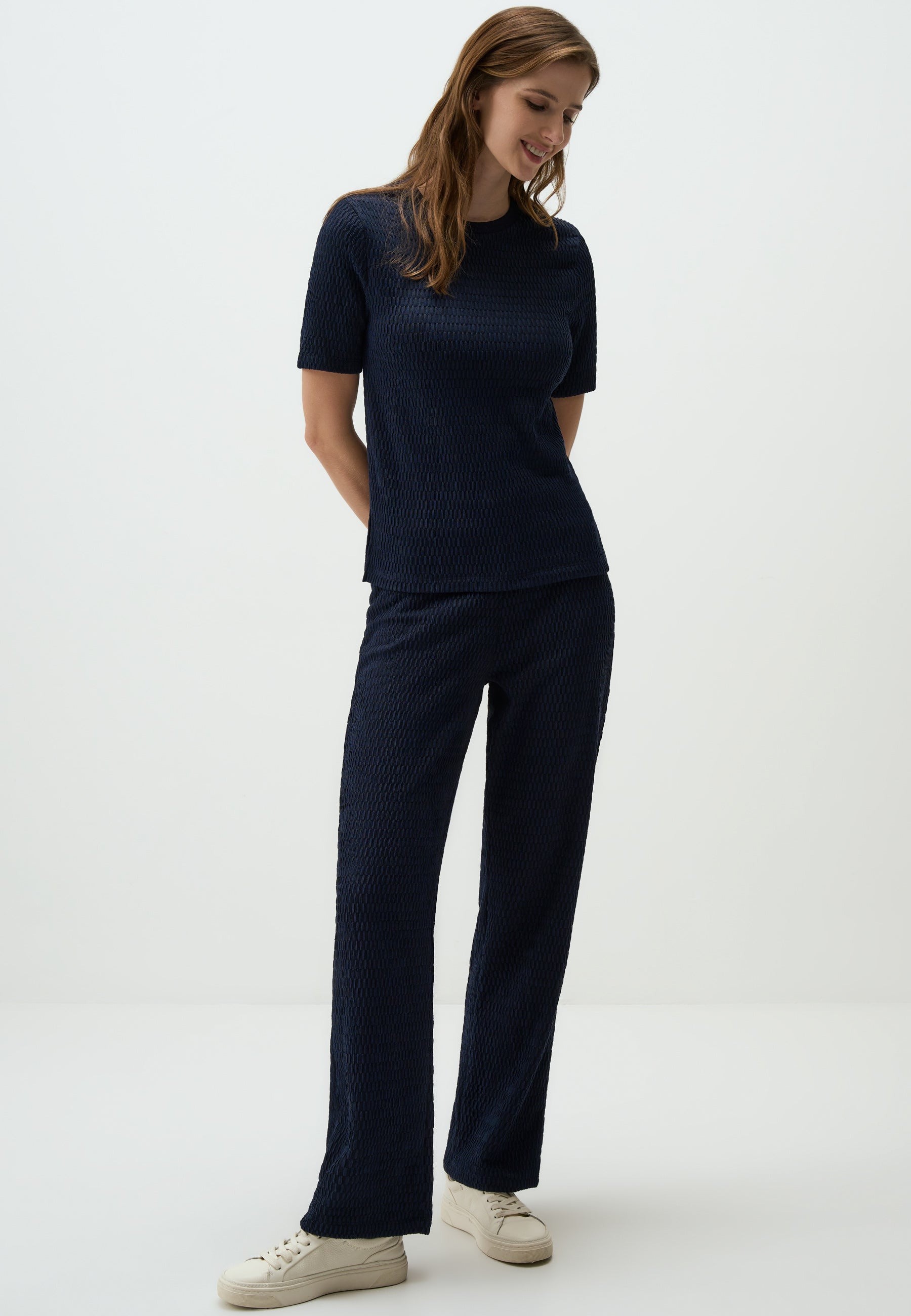 Navy Textured Wide-Leg Pants