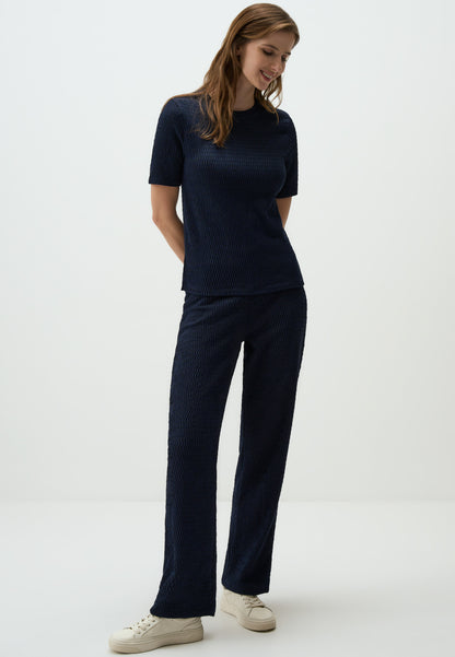 Navy Textured Wide-Leg Pants