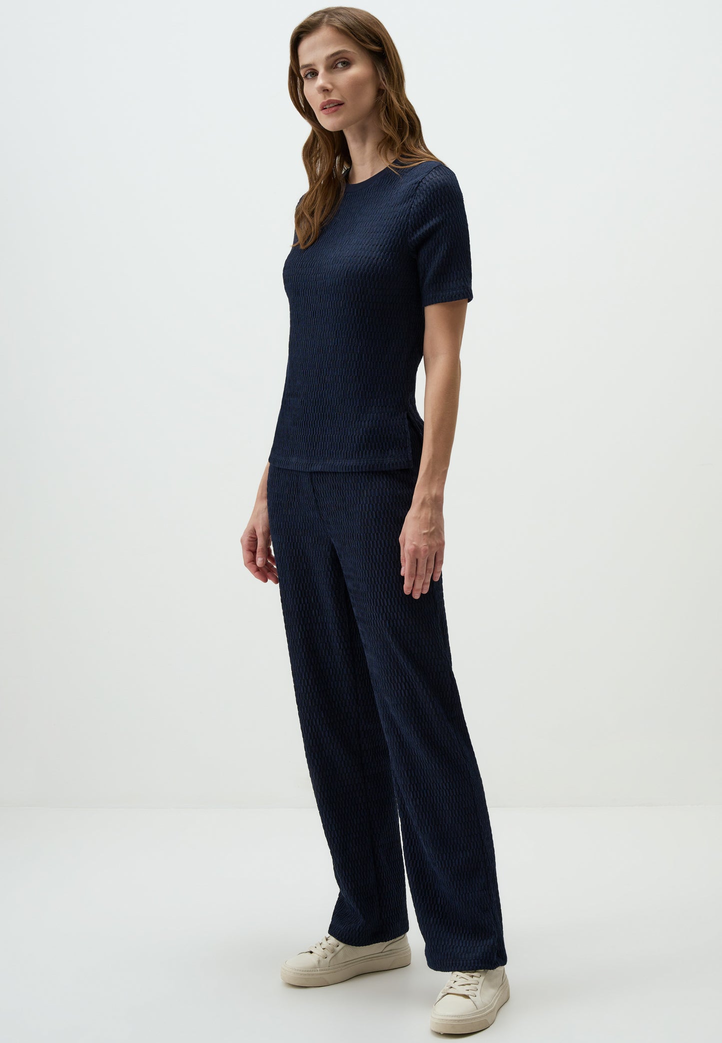 Navy Textured Wide-Leg Pants
