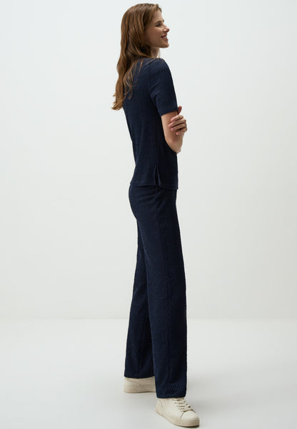 Navy Textured Wide-Leg Pants