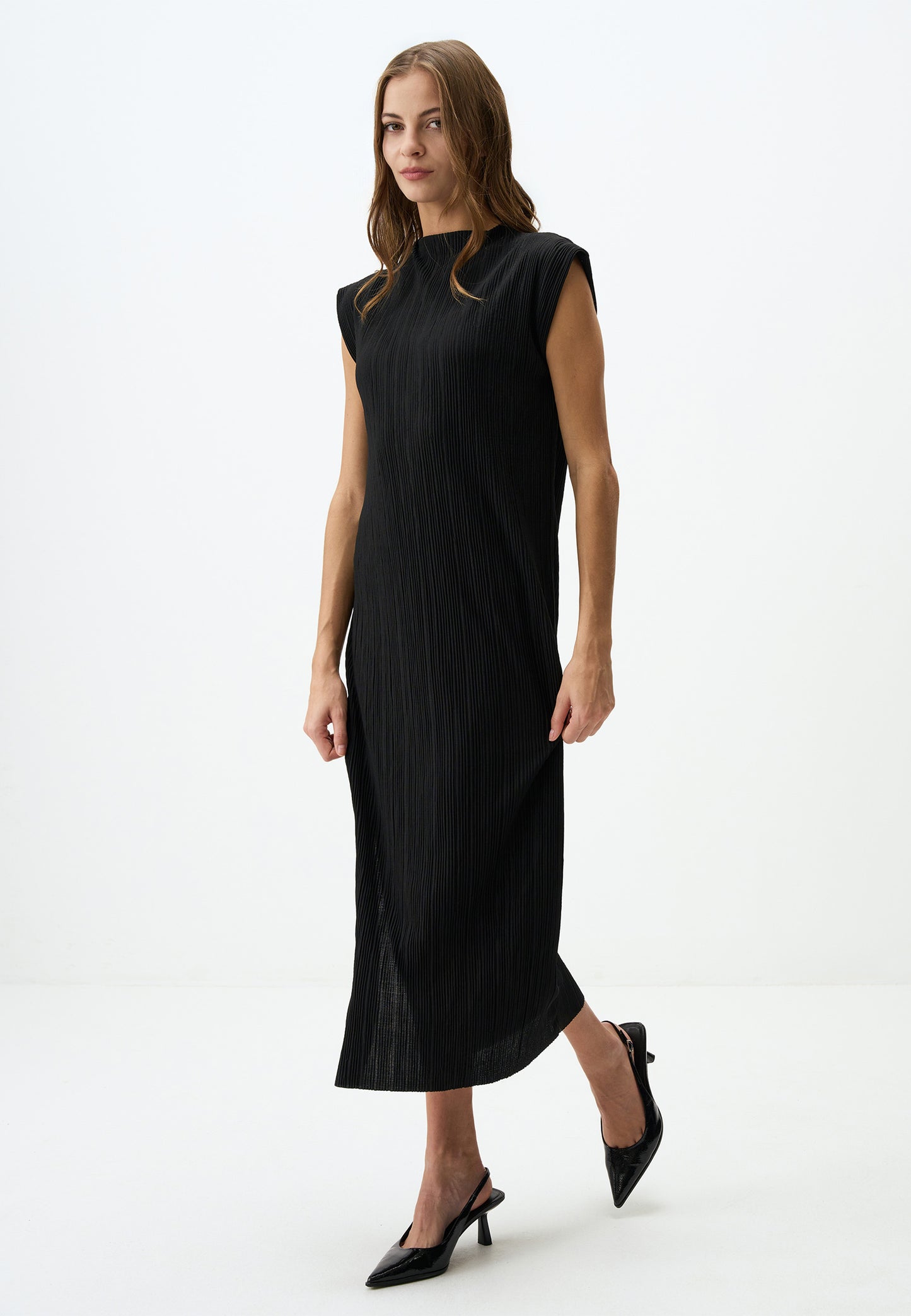 Classic Black Midi Dress with Sleeveless Design
