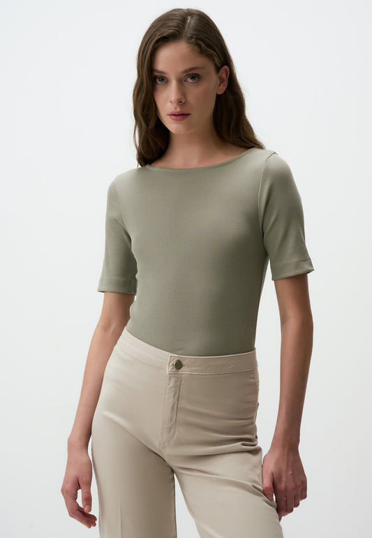 Boat Neck Slim Fit Short Sleeve Blouse