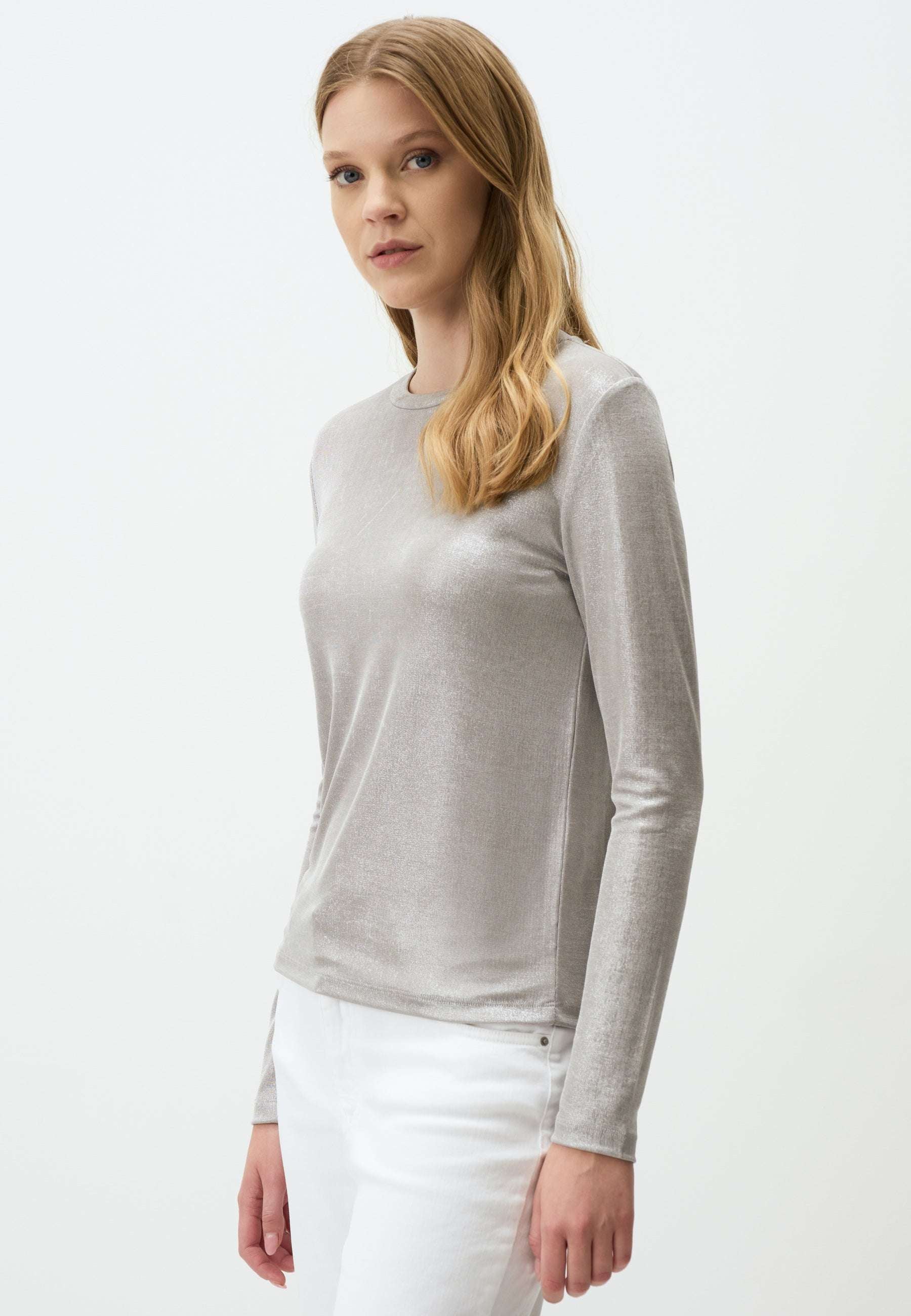 Shimmering Silver Long Sleeve Blouse