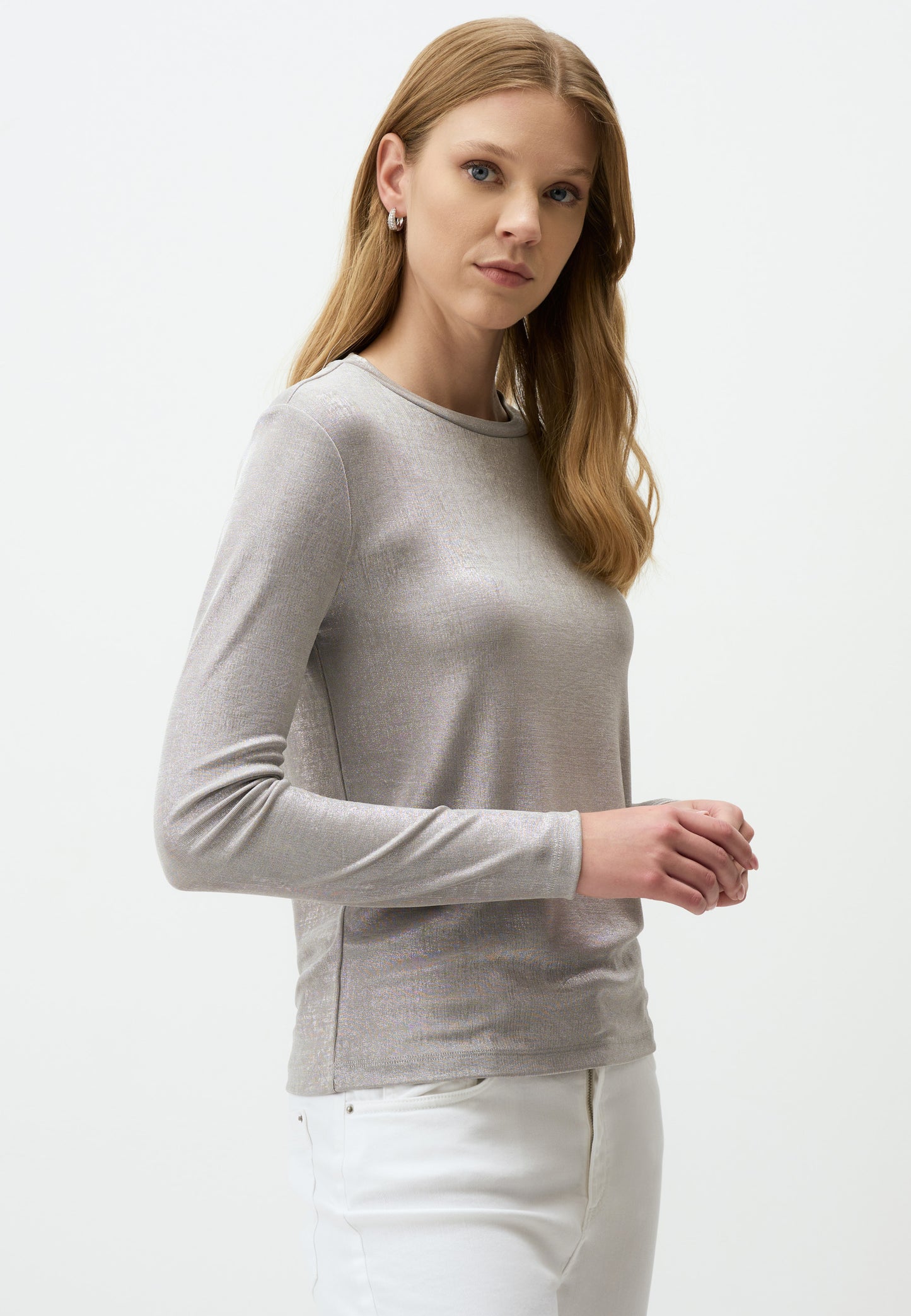 Shimmering Silver Long Sleeve Blouse