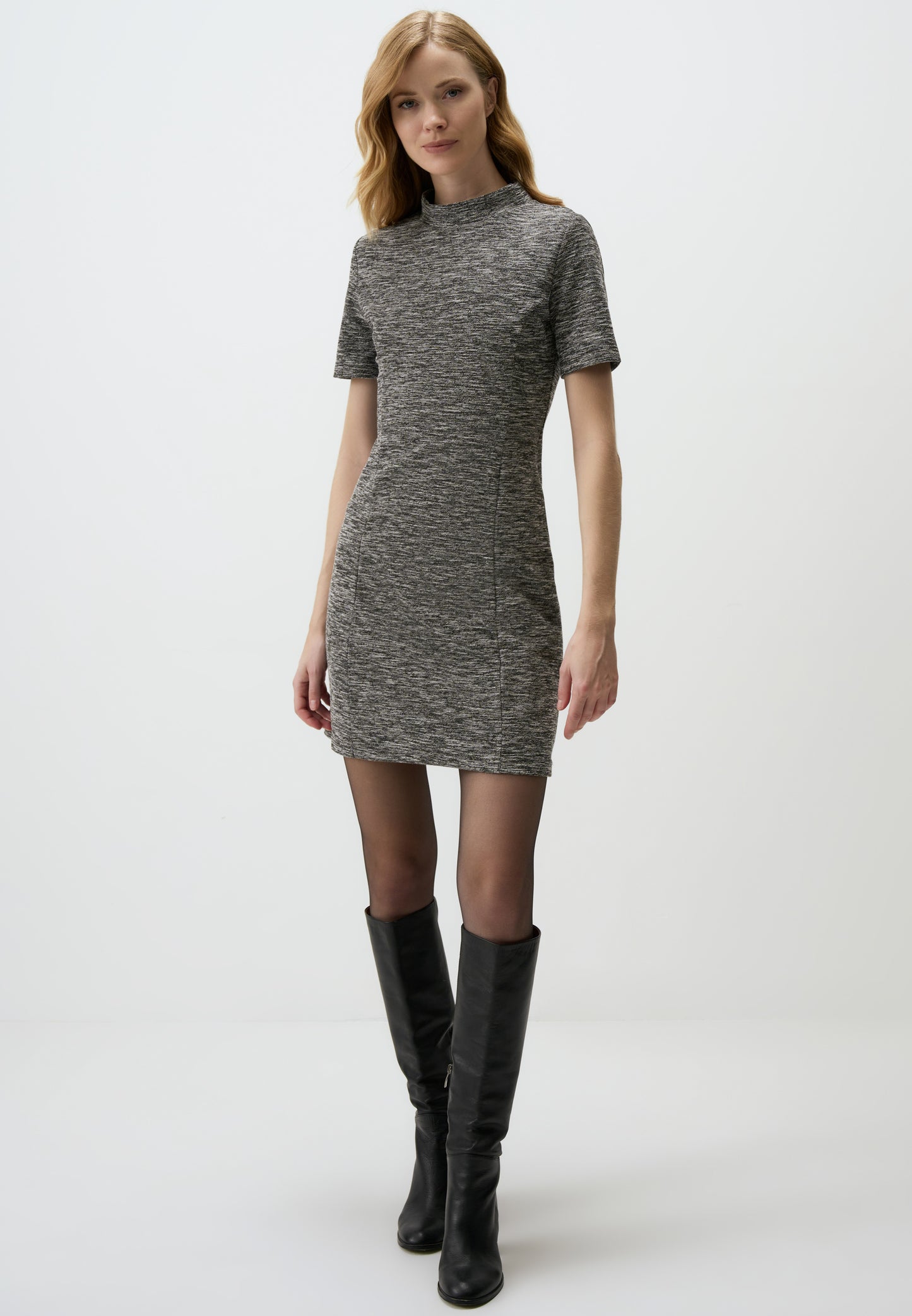 Chic Gray Textured Mini Dress with Short Sleeves