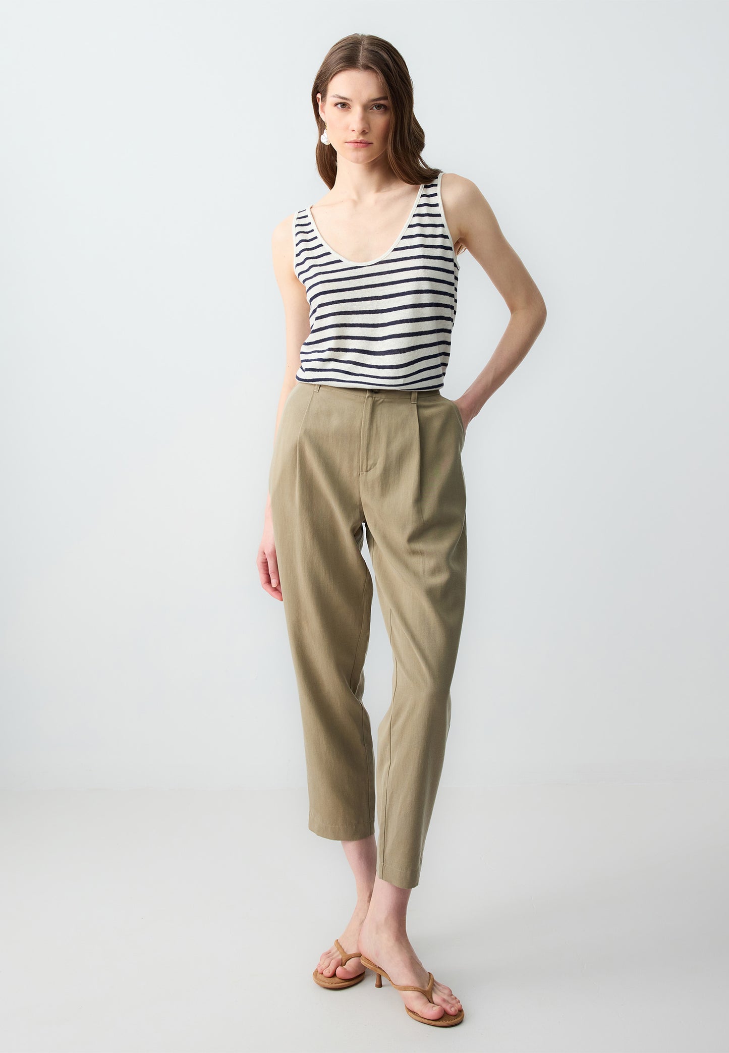 Relaxed Fit U-Neck Line Patterned Linen Tank Top