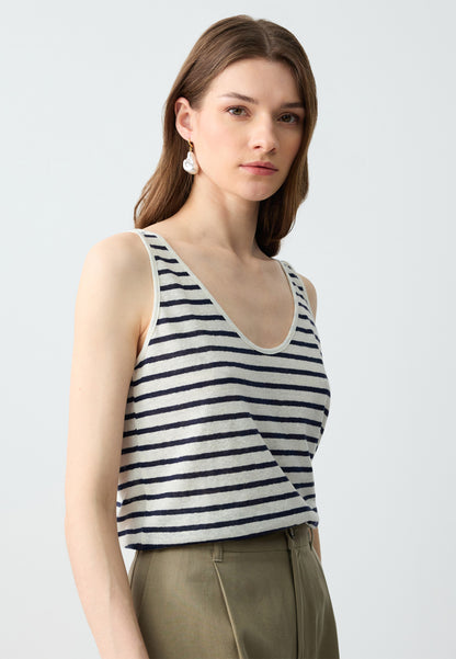 Relaxed Fit U-Neck Line Patterned Linen Tank Top