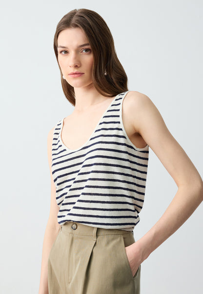 Relaxed Fit U-Neck Line Patterned Linen Tank Top