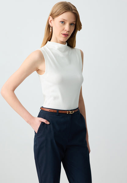 Regular Fit Sleeveless Long Knitted White Singlet
