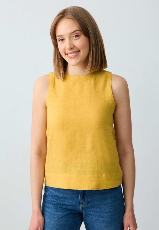 Round Neck Sleeveless Woven Linen Blouse