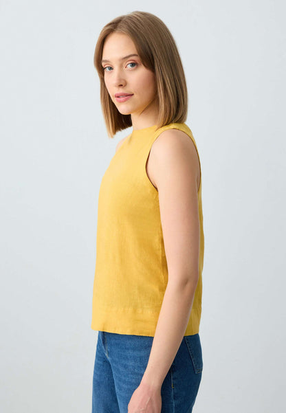 Round Neck Sleeveless Woven Linen Blouse
