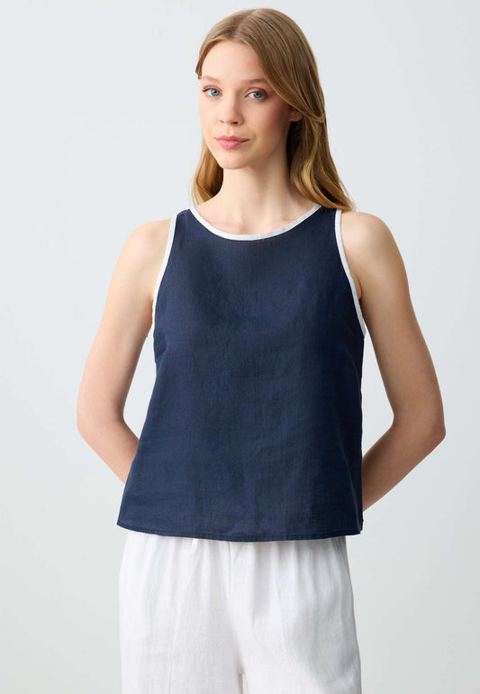 Round Neck Straight Cut Sleeveless Linen Blouse