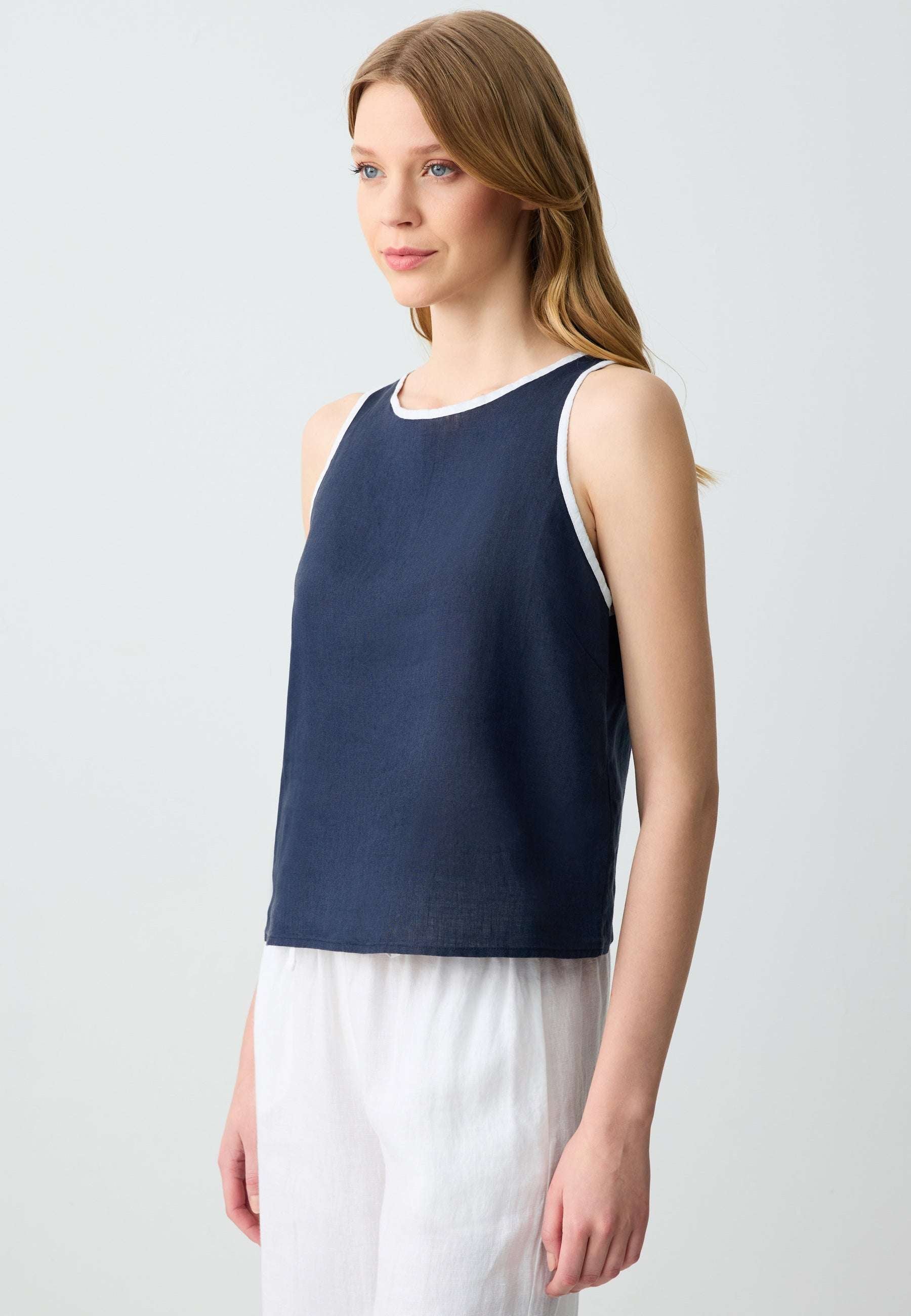 Round Neck Straight Cut Sleeveless Linen Blouse