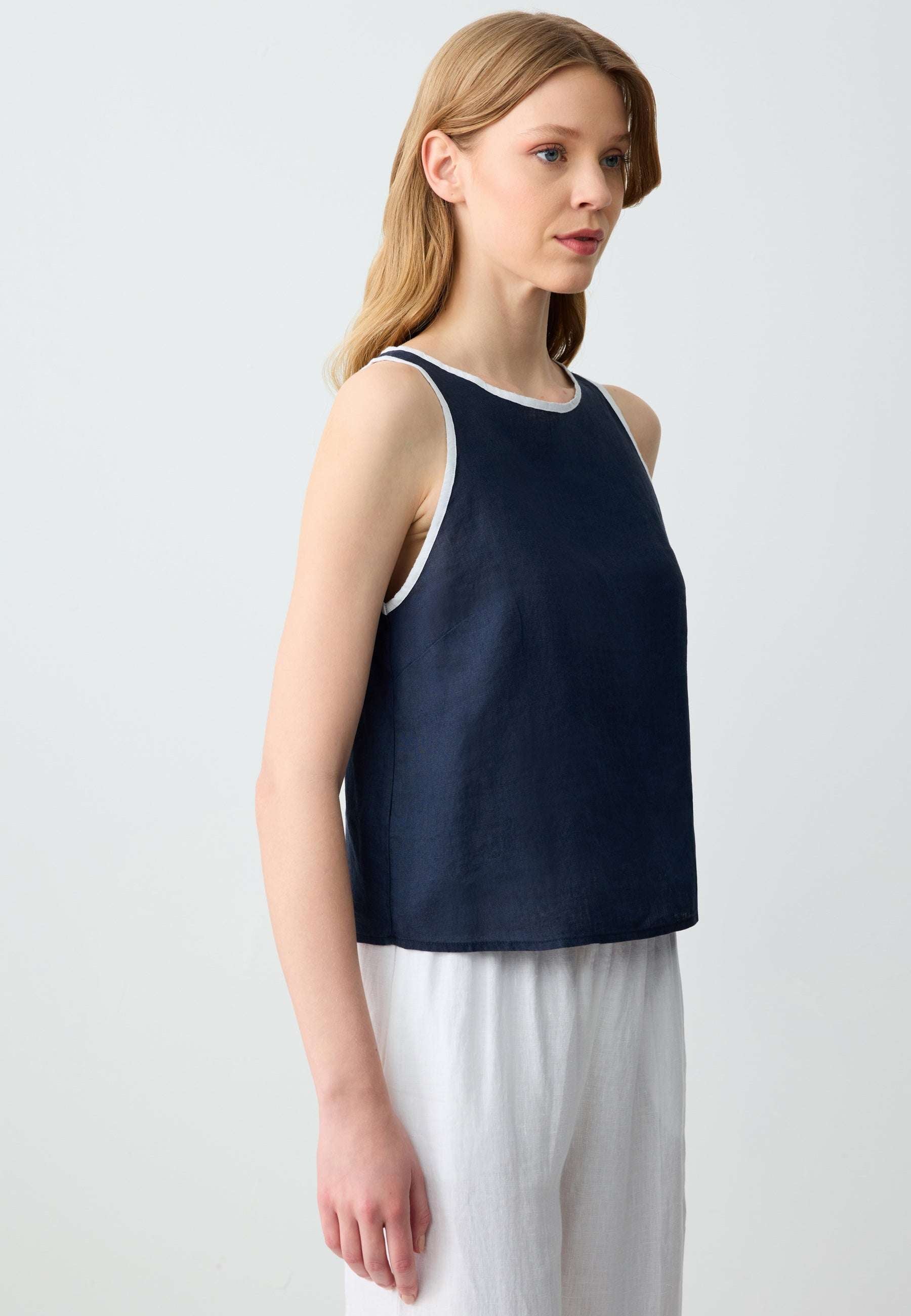 Round Neck Straight Cut Sleeveless Linen Blouse