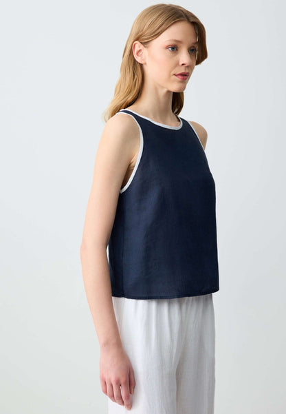 Round Neck Straight Cut Sleeveless Linen Blouse
