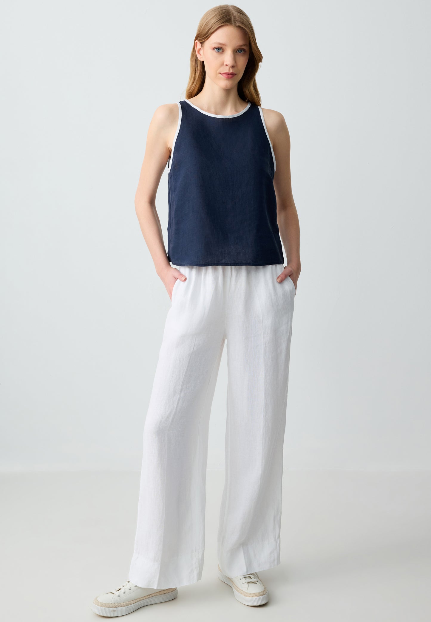 Round Neck Straight Cut Sleeveless Linen Blouse
