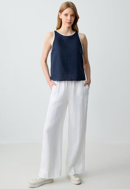 Round Neck Straight Cut Sleeveless Linen Blouse