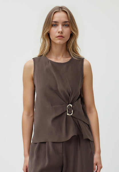 Regular Fit Crew Neck Woven Biiter Brown Blouse