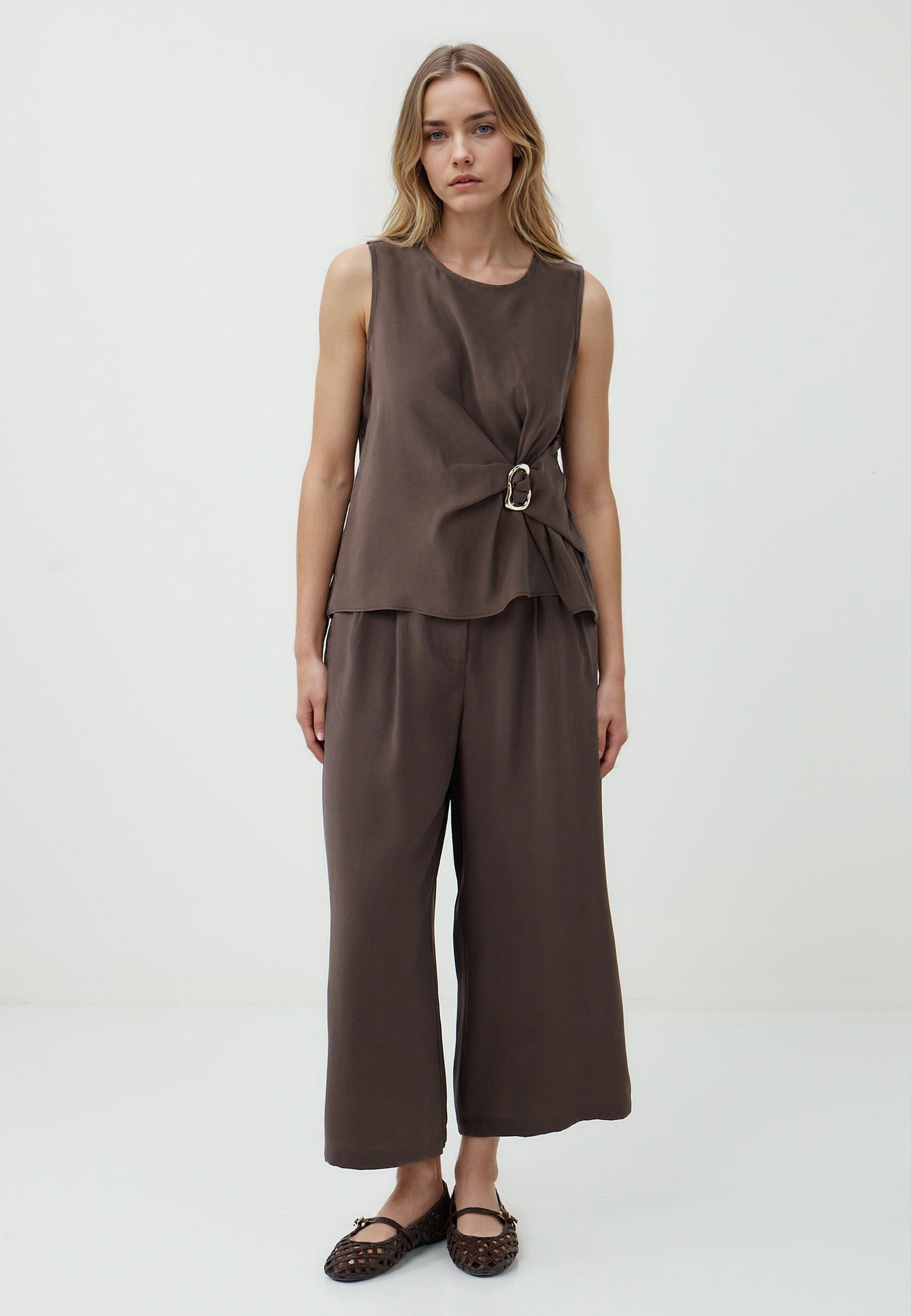 Regular Fit Crew Neck Woven Biiter Brown Blouse