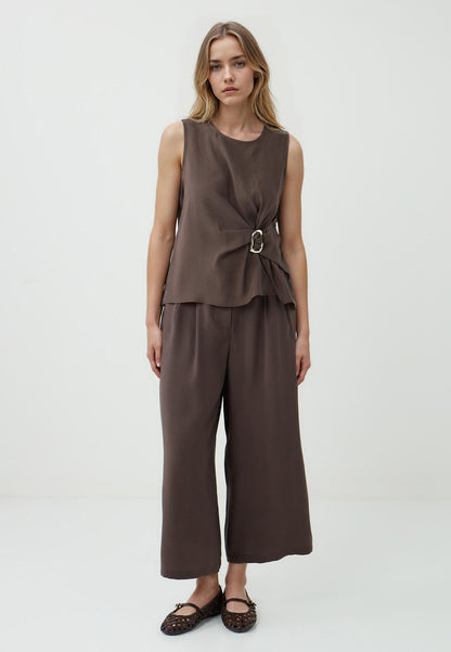 Regular Fit Crew Neck Woven Biiter Brown Blouse