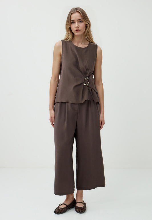 Regular Fit Crew Neck Woven Biiter Brown Blouse