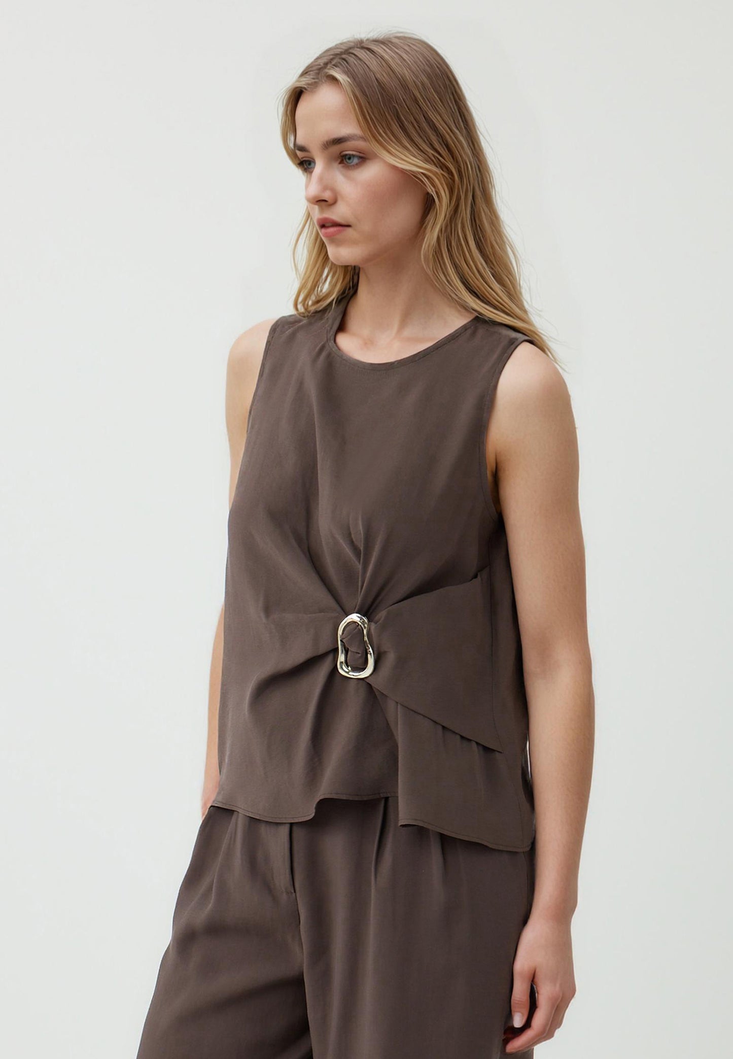 Regular Fit Crew Neck Woven Biiter Brown Blouse
