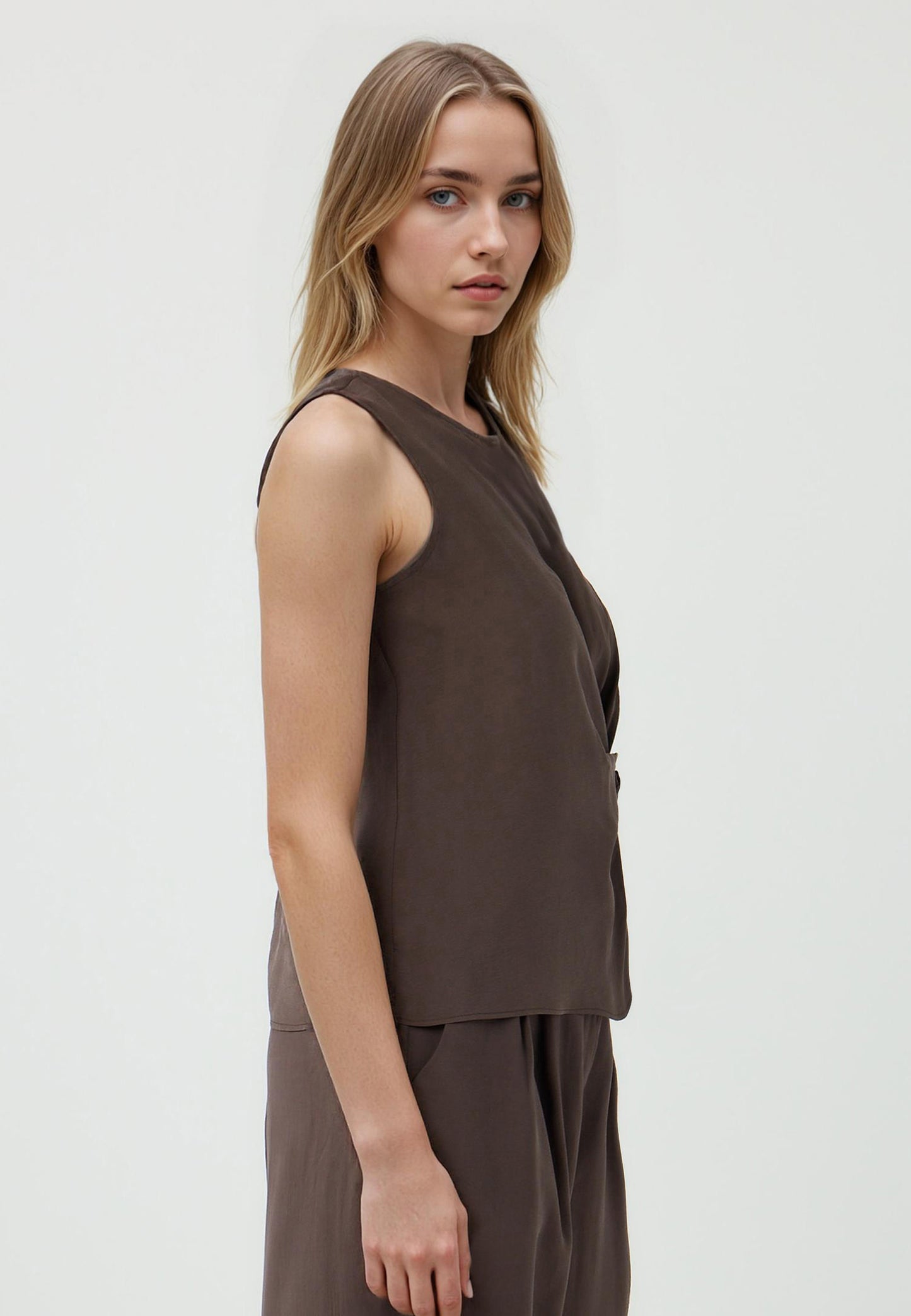 Regular Fit Crew Neck Woven Biiter Brown Blouse