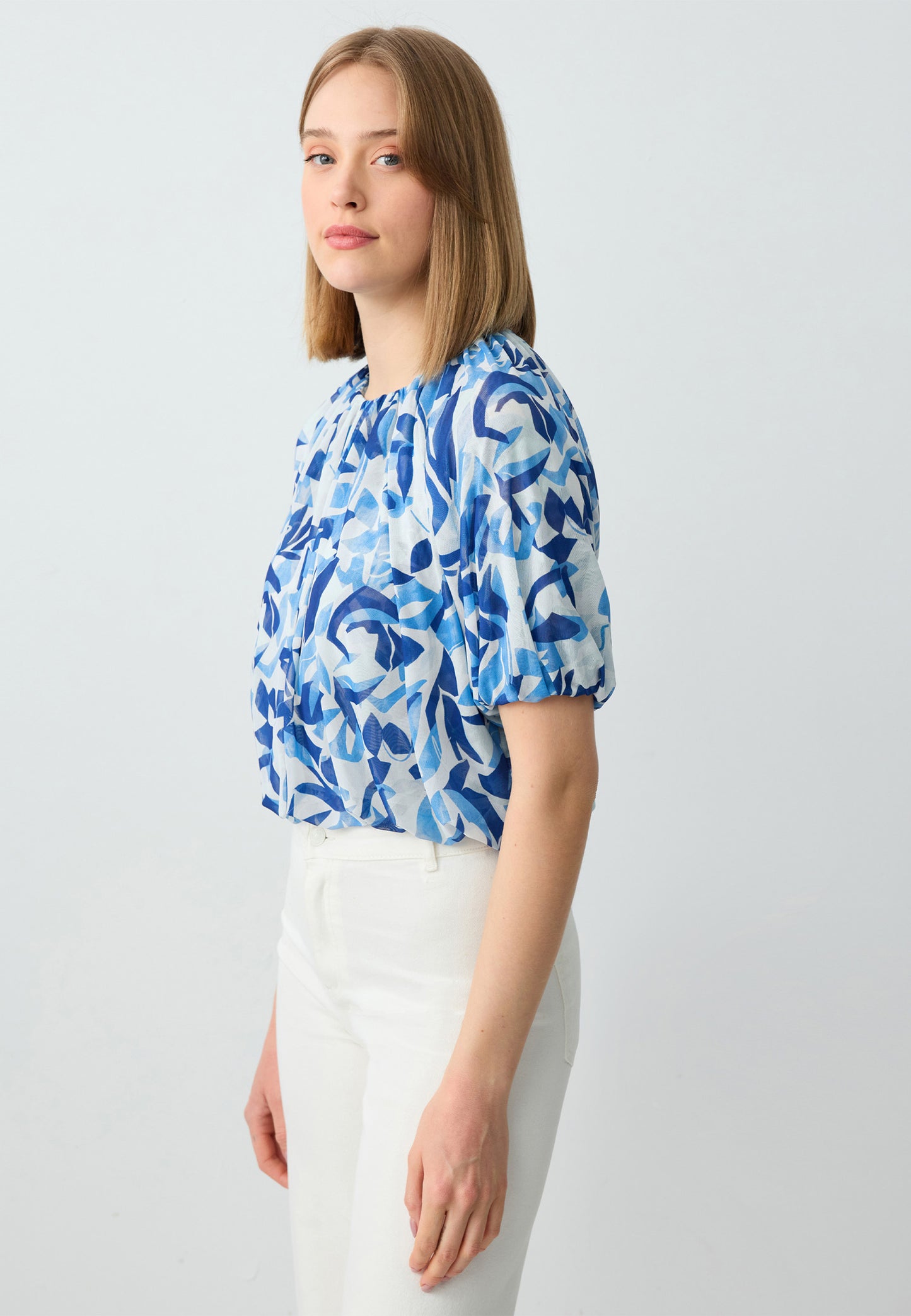 Round Neck Watermelon Sleeve Patterned Mesh Knitted Blouse