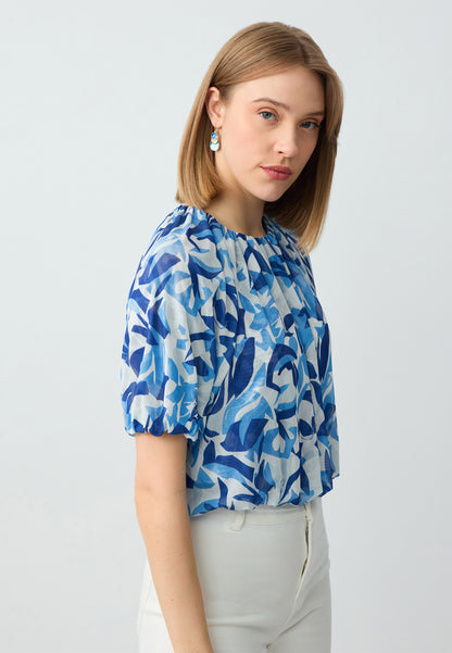 Round Neck Watermelon Sleeve Patterned Mesh Knitted Blouse