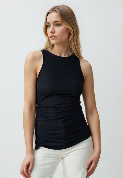 Straight Cut Round Neck Sleeveless Long Knitted Blouse