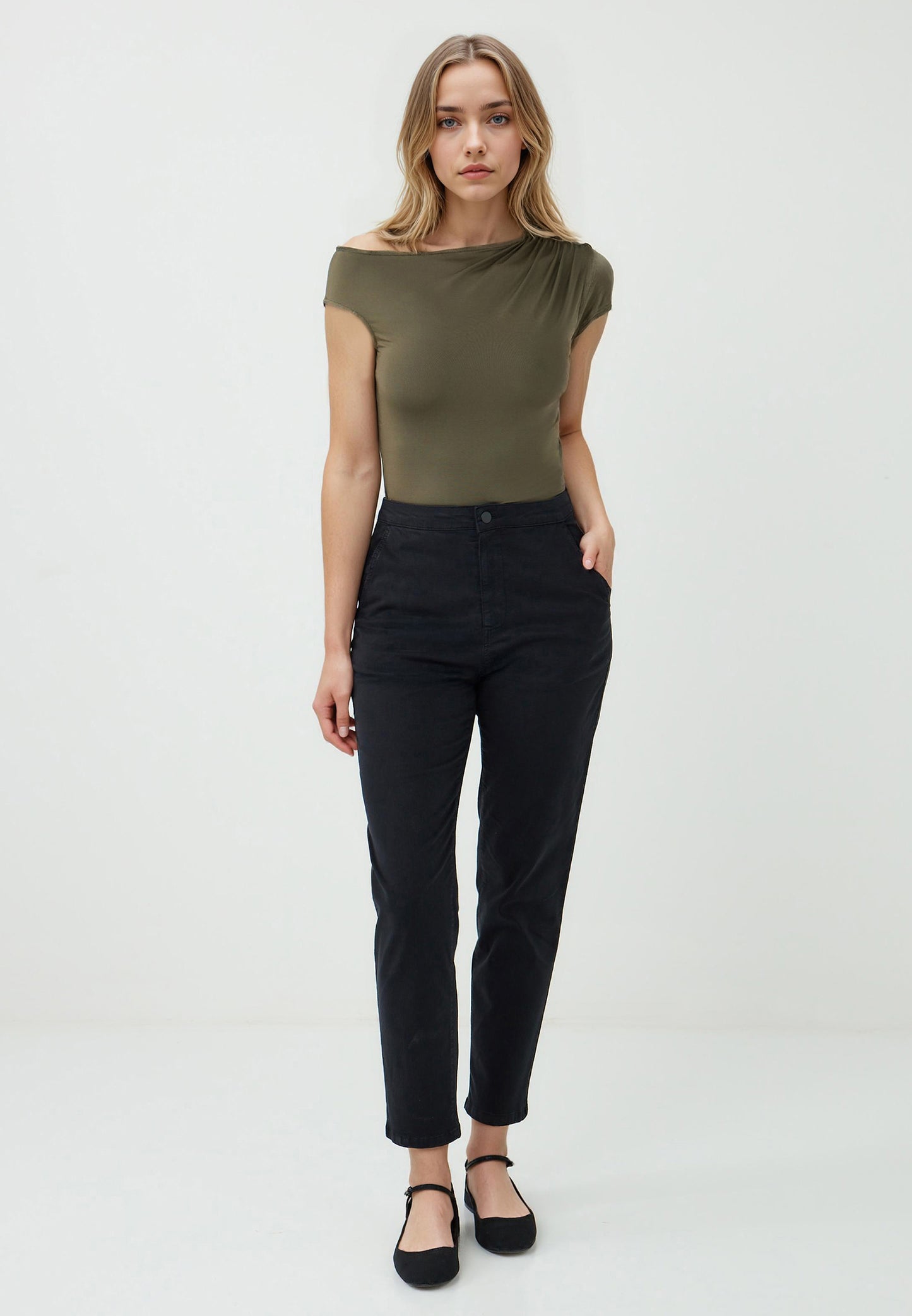 Regular Fit Off-The-Shoulder Knitted Khaki Blouse
