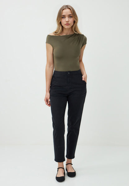 Regular Fit Off-The-Shoulder Knitted Khaki Blouse