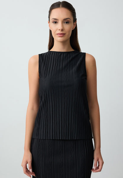 Crew Neck Pleated Sleeveless Knitted Blouse